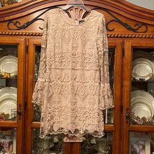 Beige embroiled and sequin dress. Beautiful sheer bell sleeves